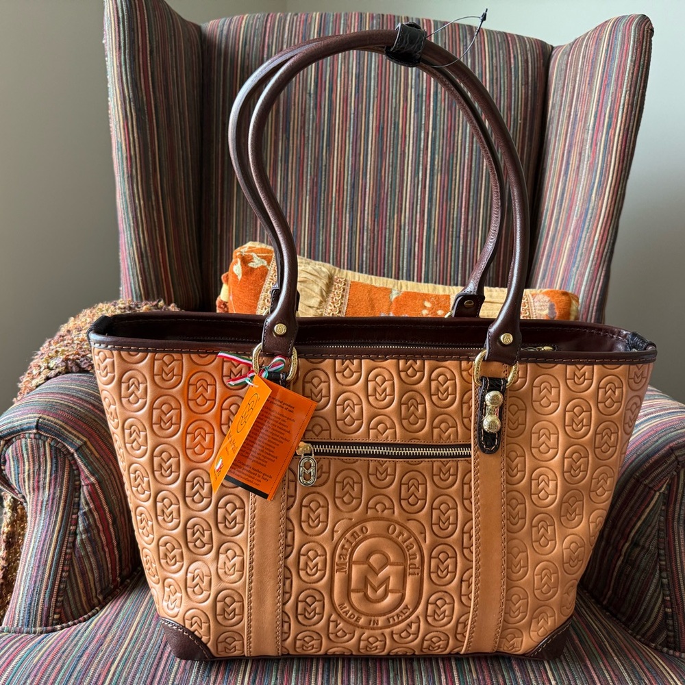 Marino Orlandi Tan Embossed Leather Tote Bag